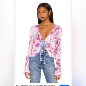 Free people Pink floral cardigan with tie front, long sleeves and V-neckline